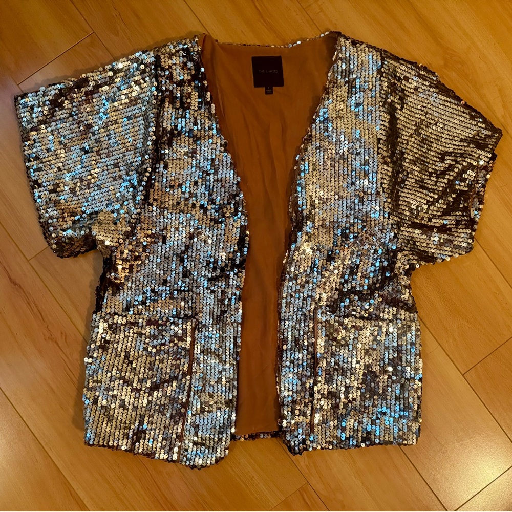 The Limited Gold Sequined short sleeve jacket with front pockets